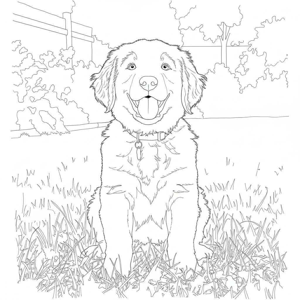 The same dog photo converted into a black-and-white coloring page outline